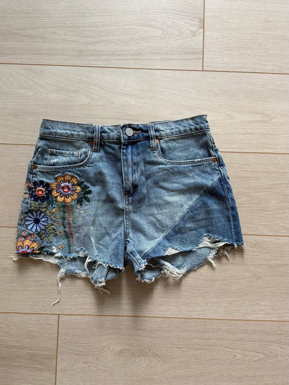 BlankNYC Embroidered Distressed Denim Shorts - Blue